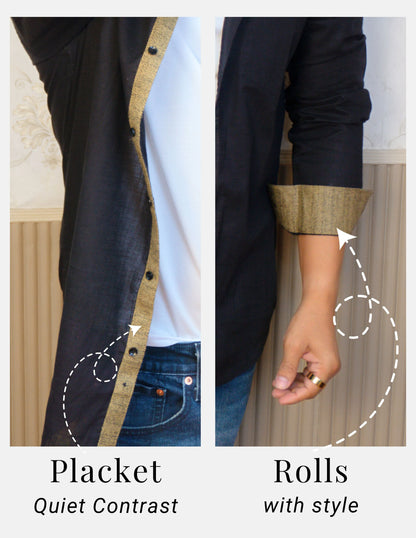 Black Linen Shirt for Men – Mandarin Collar & Brown Contrast Details | Dignity | Placket and Turn-Up Sleeve Detail View