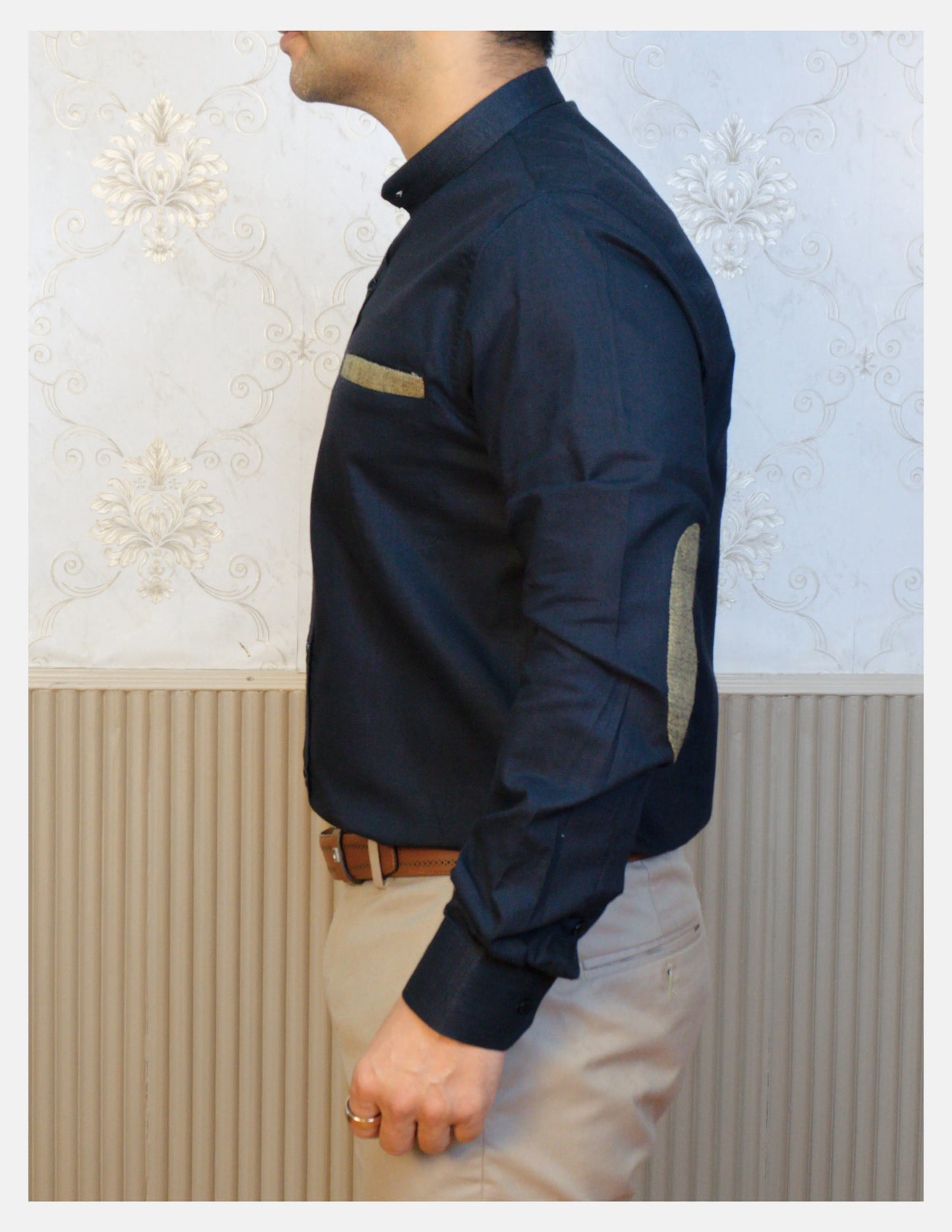 Black Linen Shirt for Men – Mandarin Collar & Brown Contrast Details | Dignity | Side View with Elbow Patch