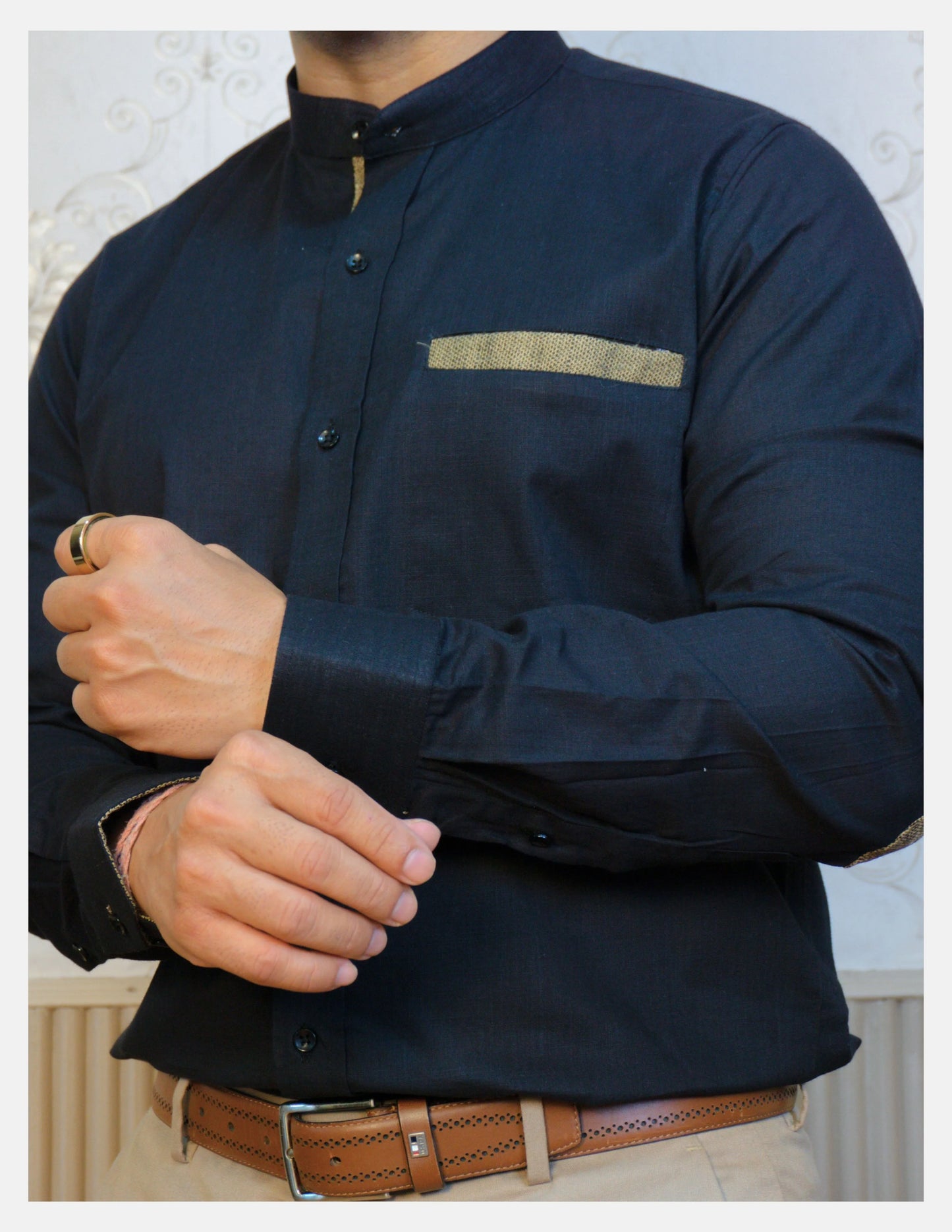 Black Linen Shirt for Men – Mandarin Collar & Brown Contrast Details | Dignity | Sleeve Close-Up View
