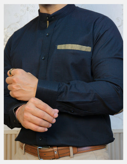 Black Linen Shirt for Men – Mandarin Collar & Brown Contrast Details | Dignity | Sleeve Close-Up View