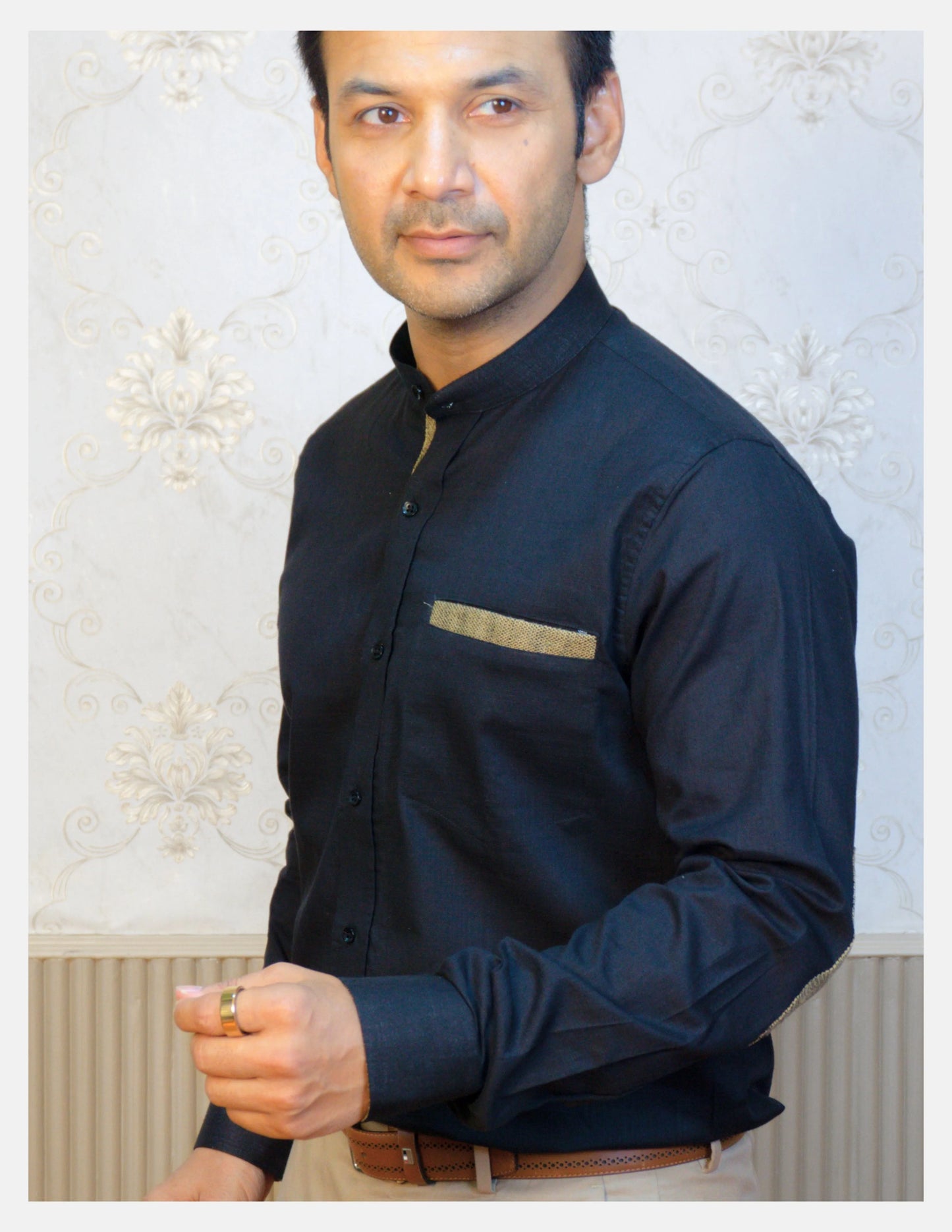 Black Linen Shirt for Men – Mandarin Collar & Brown Contrast Details | Dignity | Tucked-In Walking View