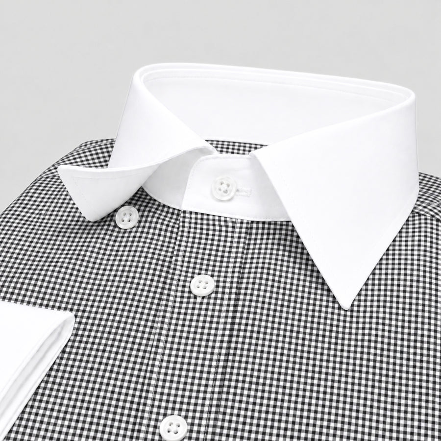 Black & White Micro-Check Banker's Shirt for Men – White Contrast Collar & French Cuffs, Cotton Blend