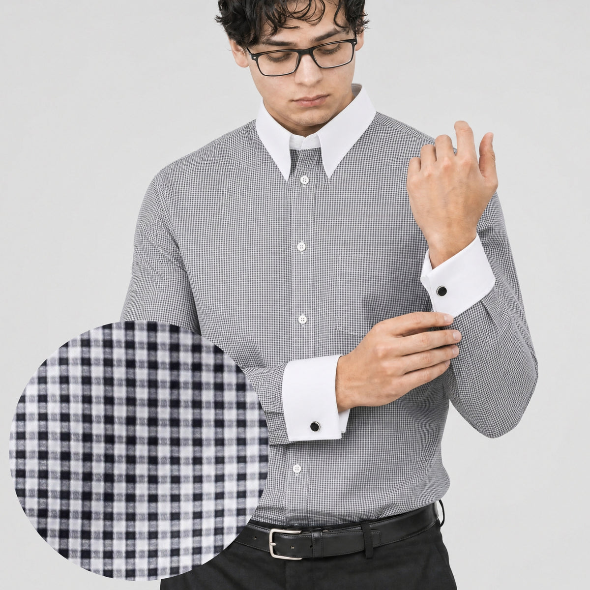 Black Check Formal Shirt for Men – White Contrast Collar & French Cuffs