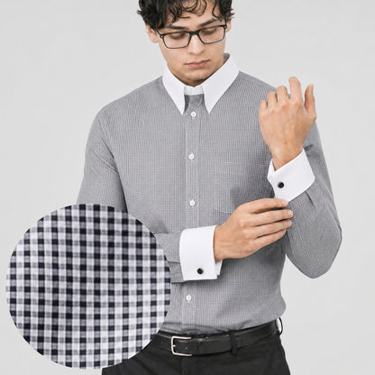 Black Check Formal Shirt for Men – White Contrast Collar & French Cuffs