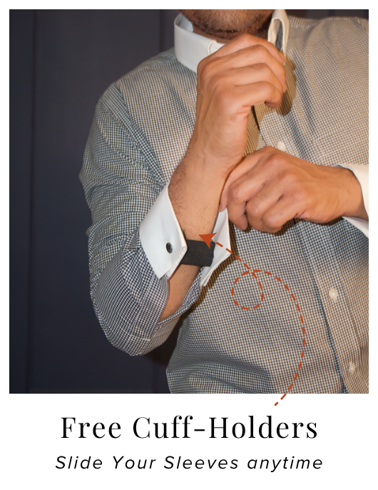 Black and White Check Cotton Formal Shirt With Contrast White Collar and French Cuffs | Dignity | Cuff Holder View