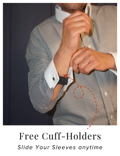 Black and White Check Cotton Formal Shirt With Contrast White Collar and French Cuffs | Dignity | Cuff Holder View