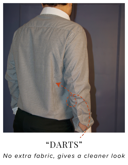 Black and White Check Cotton Formal Shirt With Contrast White Collar and French Cuffs | Dignity | Darts to Avoid Muffin Top View