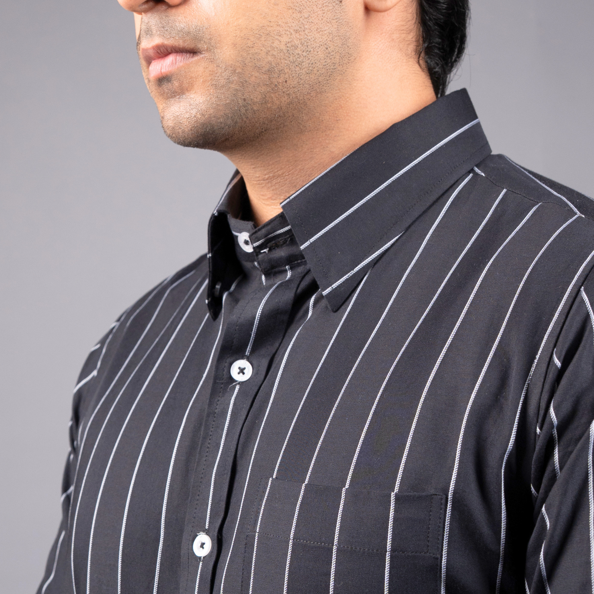 Black with White Stripes Premium Luxury Giza Cotton French Cuff Formal Shirt/ collar view