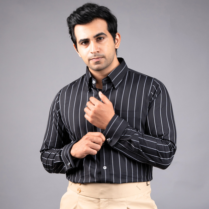 Black with White Stripes Premium Luxury Giza Cotton French Cuff Formal Shirt/ front view