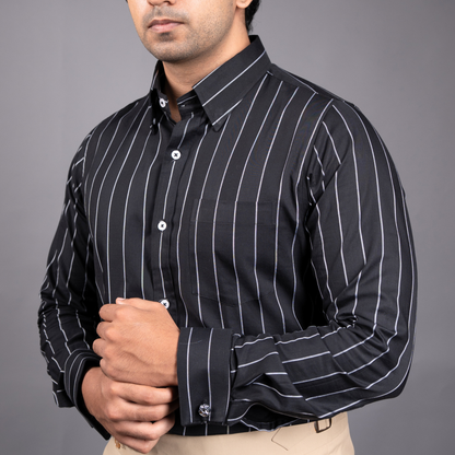 Black with White Stripes Premium Luxury Giza Cotton French Cuff Formal Shirt/ side view