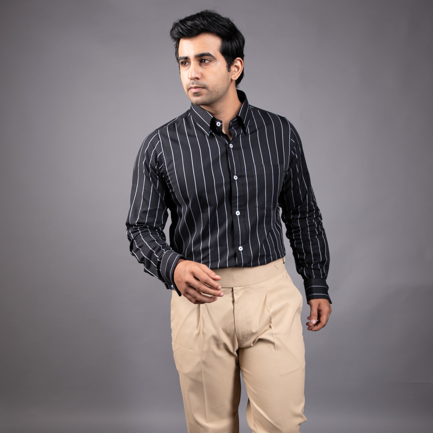 Black with White Stripes Premium Luxury Giza Cotton French Cuff Formal Shirt/ straight view