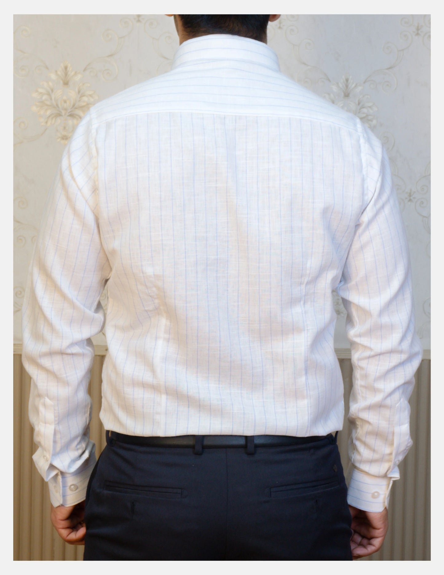Blue Chalk Stripe Linen Shirt for Men – Button-Down Collar & Chest Pocket | Dignity | Back View