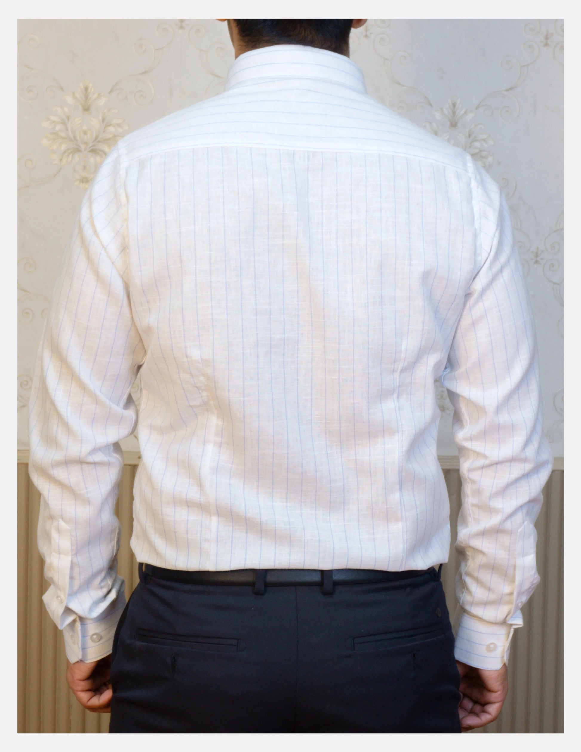 Blue Chalk Stripe Linen Shirt for Men – Button-Down Collar & Chest Pocket | Dignity | Back View