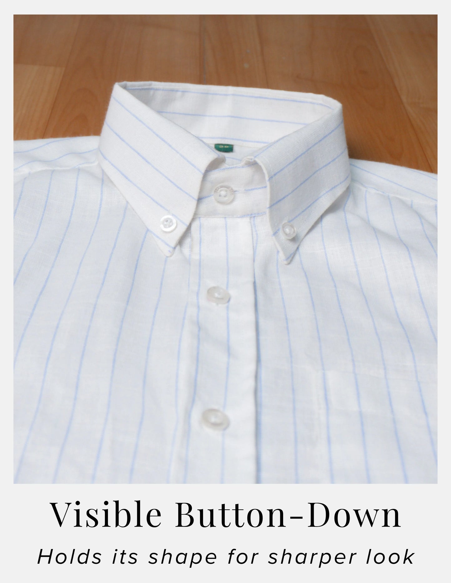 Blue Chalk Stripe Linen Shirt for Men – Button-Down Collar & Chest Pocket | Dignity | Button-Down Collar Detail View