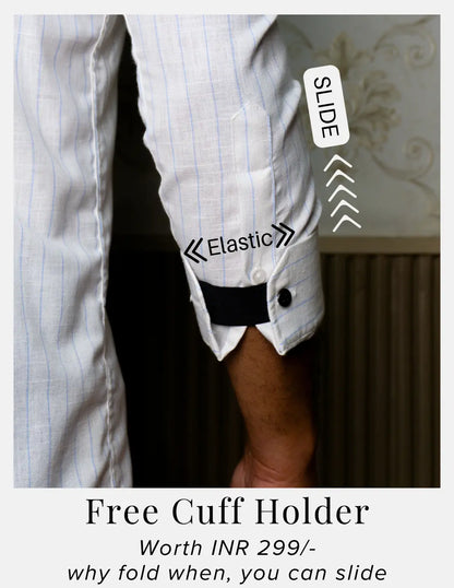 Blue Chalk Stripe Linen Shirt for Men – Button-Down Collar & Chest Pocket | Dignity | Complimentary Cuff Holder Detail View