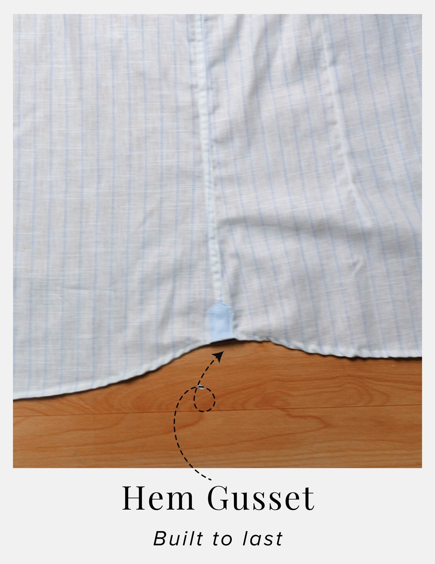 Blue Chalk Stripe Linen Shirt for Men – Button-Down Collar & Chest Pocket | Dignity | Hem Gusset Detail View
