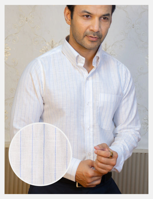 Blue Chalk Stripe Linen Shirt for Men – Button-Down Collar & Chest Pocket | Dignity | Hero Front View