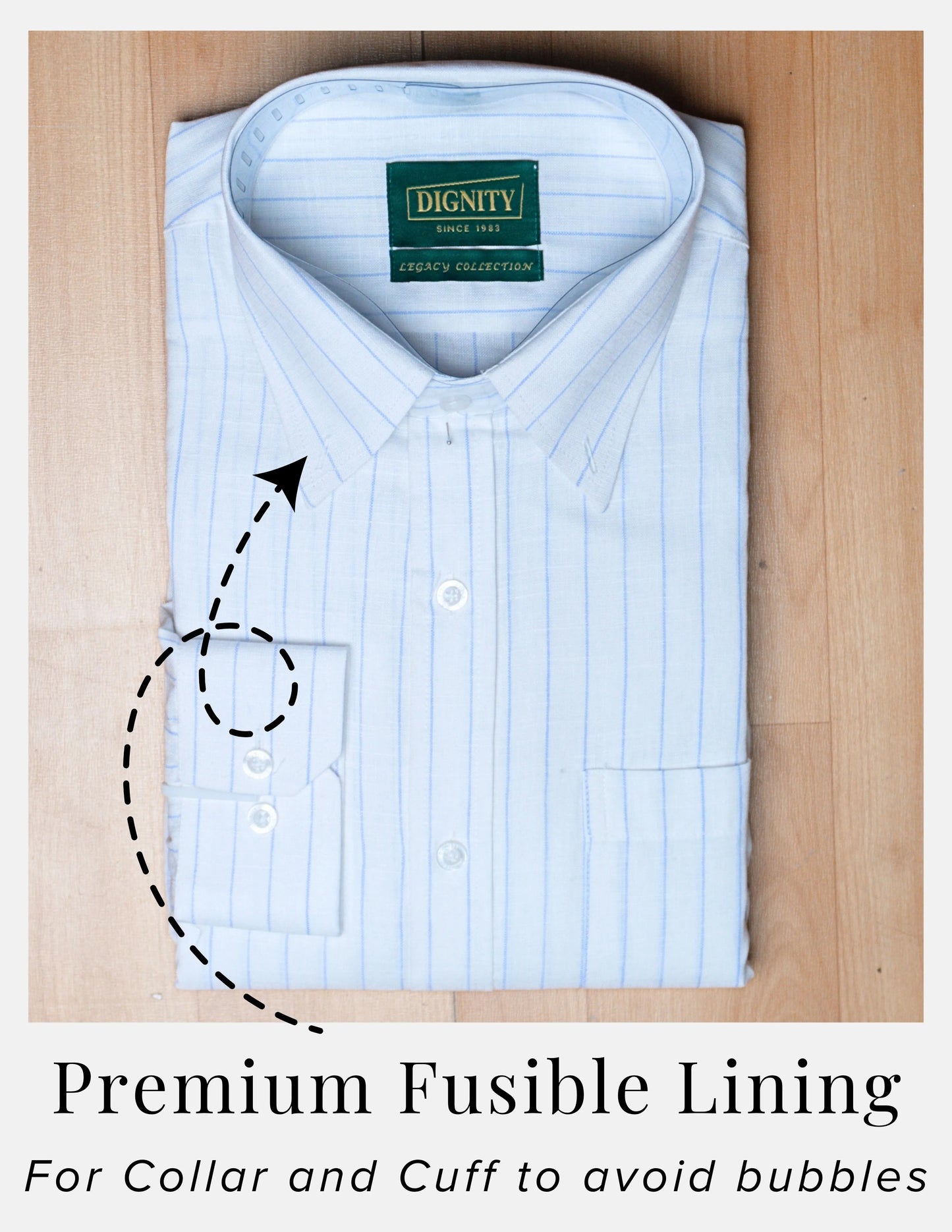 Blue Chalk Stripe Linen Shirt for Men – Button-Down Collar & Chest Pocket | Dignity | Premium Fusible Lining Collar and Cuff View