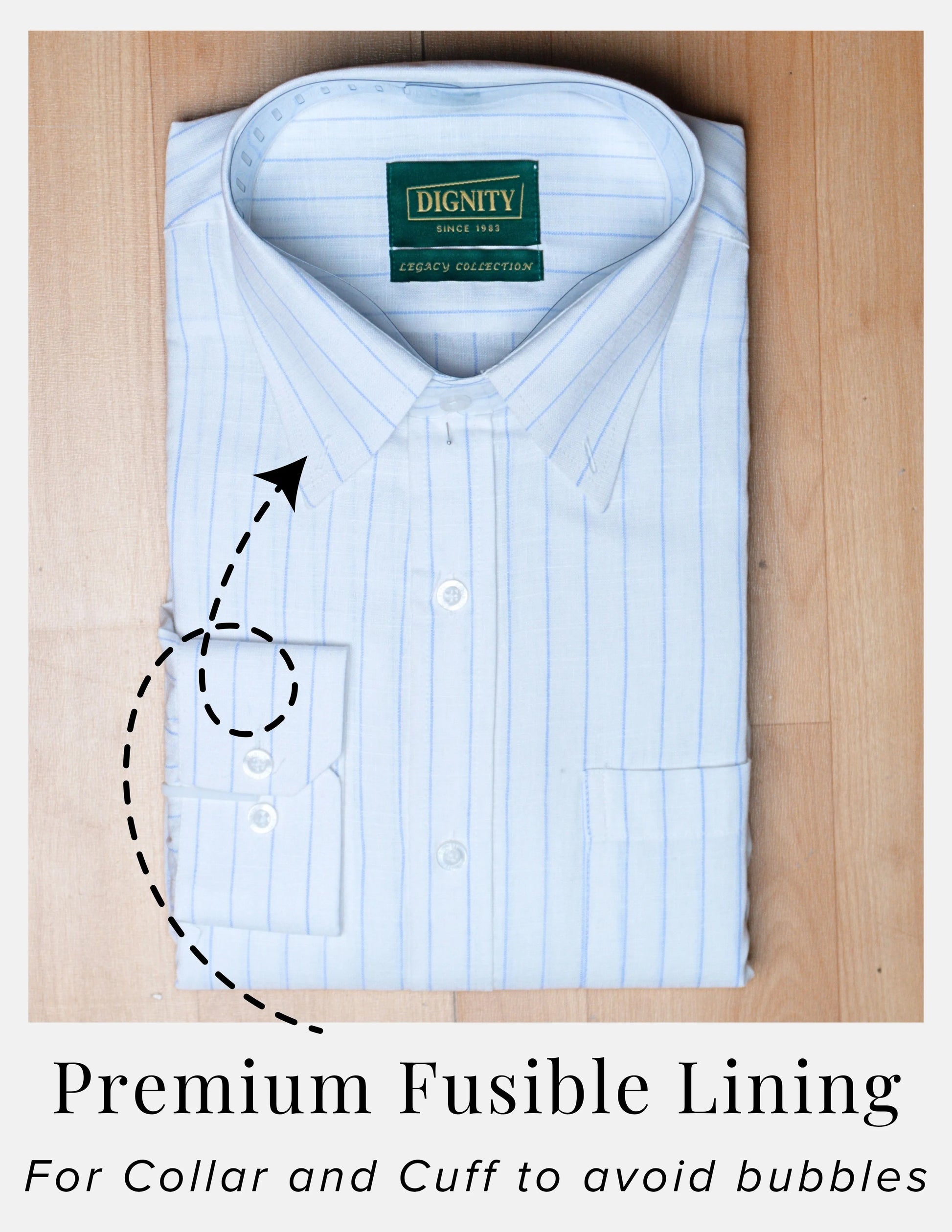 Blue Chalk Stripe Linen Shirt for Men – Button-Down Collar & Chest Pocket | Dignity | Premium Fusible Lining Collar and Cuff View
