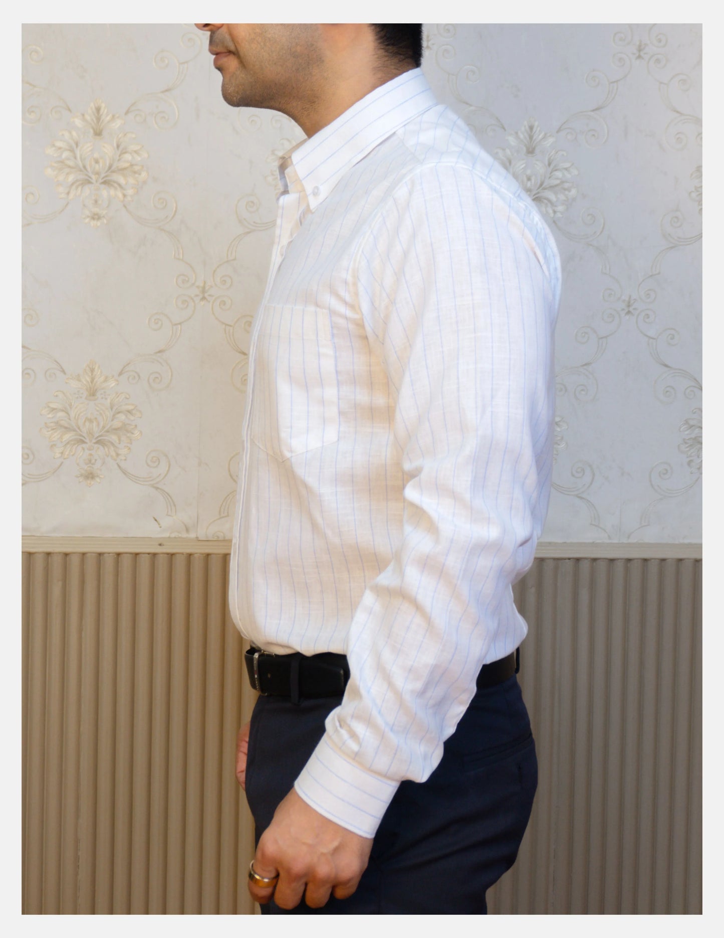 Blue Chalk Stripe Linen Shirt for Men – Button-Down Collar & Chest Pocket | Dignity | Side View