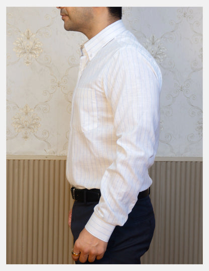 Blue Chalk Stripe Linen Shirt for Men – Button-Down Collar & Chest Pocket | Dignity | Side View