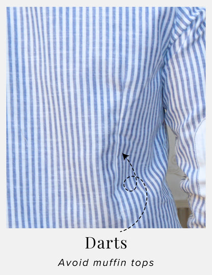 Blue Striped Linen Shirt for Men – White Contrast Button-Down Collar | Dignity | Back Darts Detail View