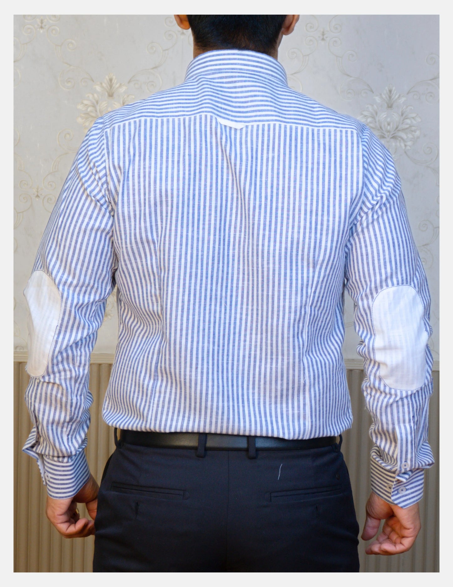Blue Striped Linen Shirt for Men – White Contrast Button-Down Collar | Dignity | Back View with Elbow Patches