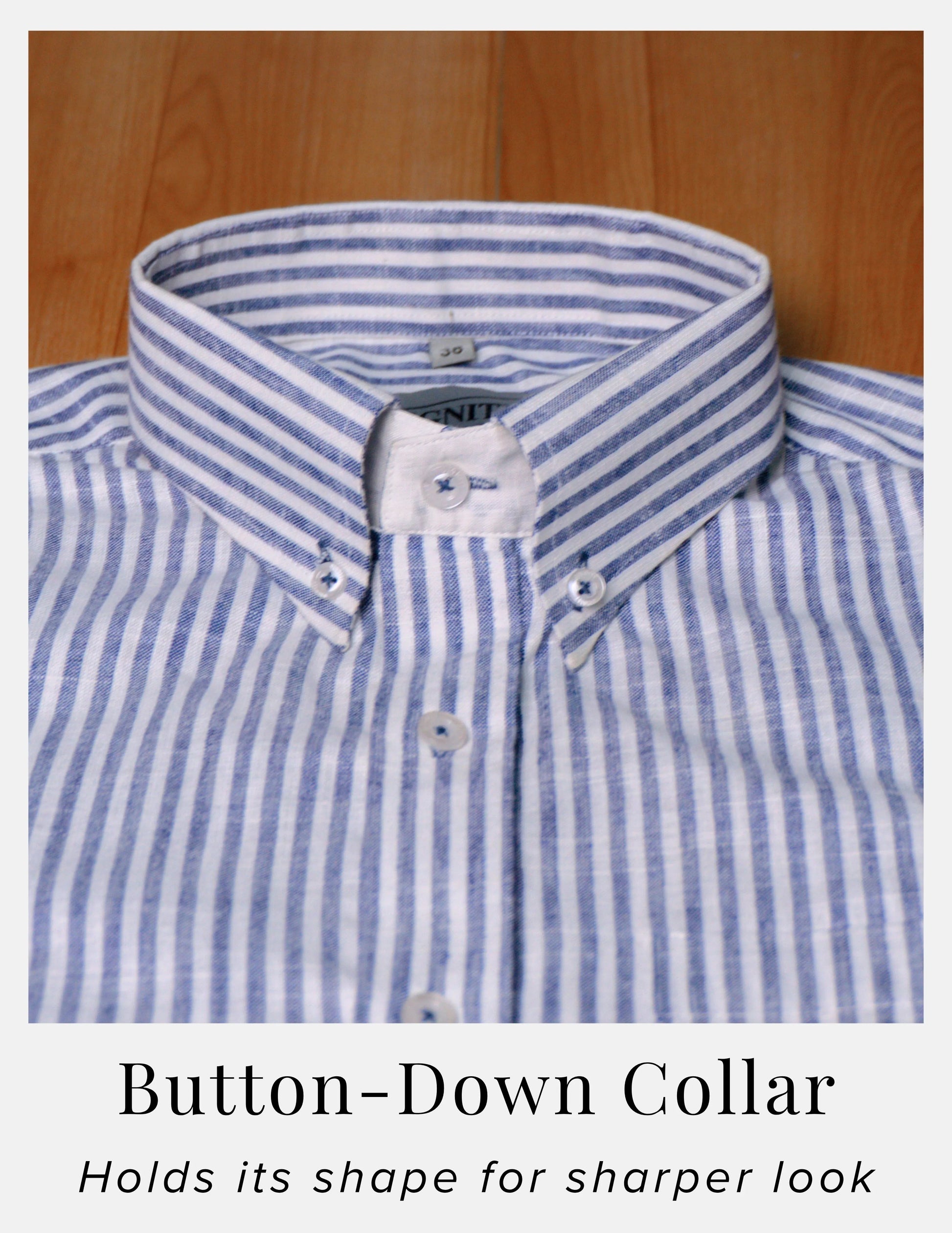 Blue Striped Linen Shirt for Men – White Contrast Button-Down Collar | Dignity | Button-Down Collar Detail View