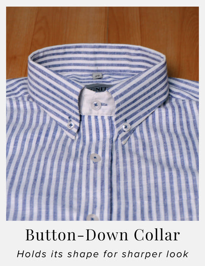 Blue Striped Linen Shirt for Men – White Contrast Button-Down Collar | Dignity | Button-Down Collar Detail View