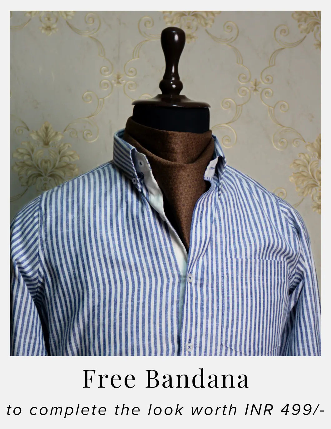 Blue Striped Linen Shirt for Men – White Contrast Button-Down Collar | Dignity | Complimentary Bandana Styling View
