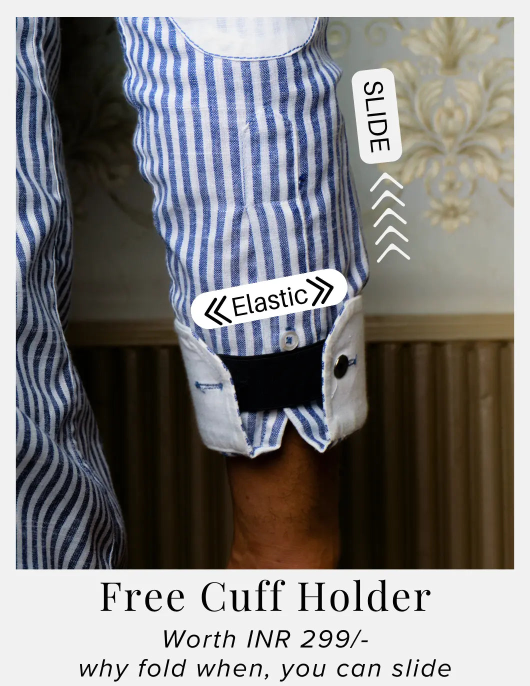 Blue Striped Linen Shirt for Men – White Contrast Button-Down Collar | Dignity | Complimentary Cuff Holder Detail View