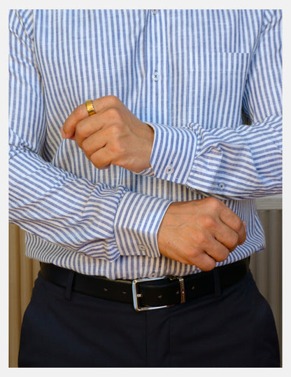 Blue Striped Linen Shirt for Men – White Contrast Button-Down Collar | Dignity | Cuff and Sleeve Detail View
