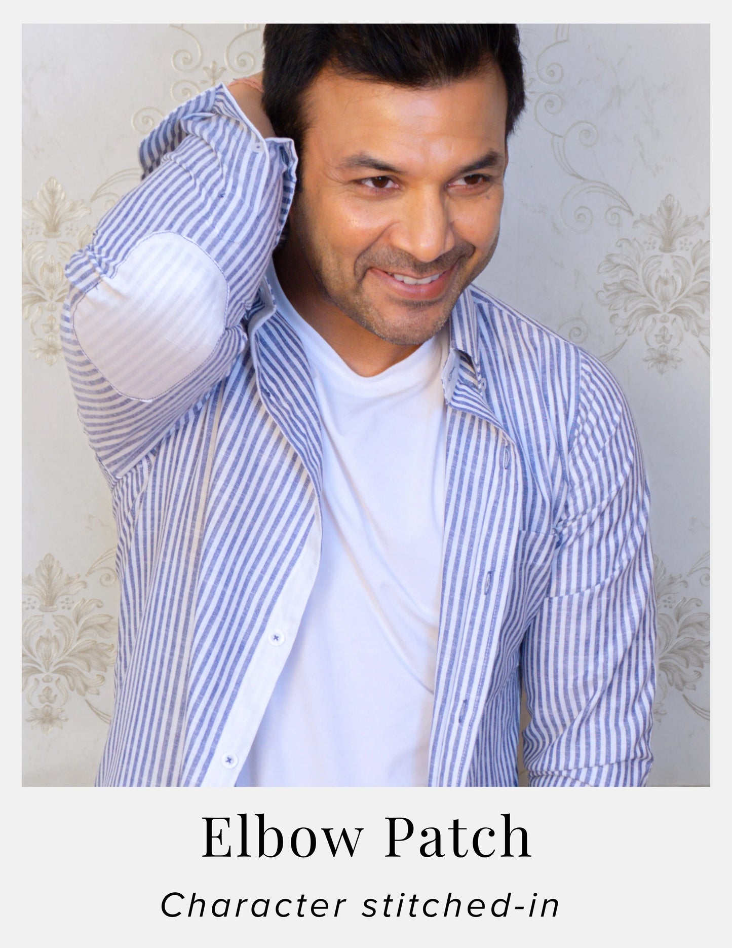 Blue Striped Linen Shirt for Men – White Contrast Button-Down Collar | Dignity | Elbow Patch Detail View
