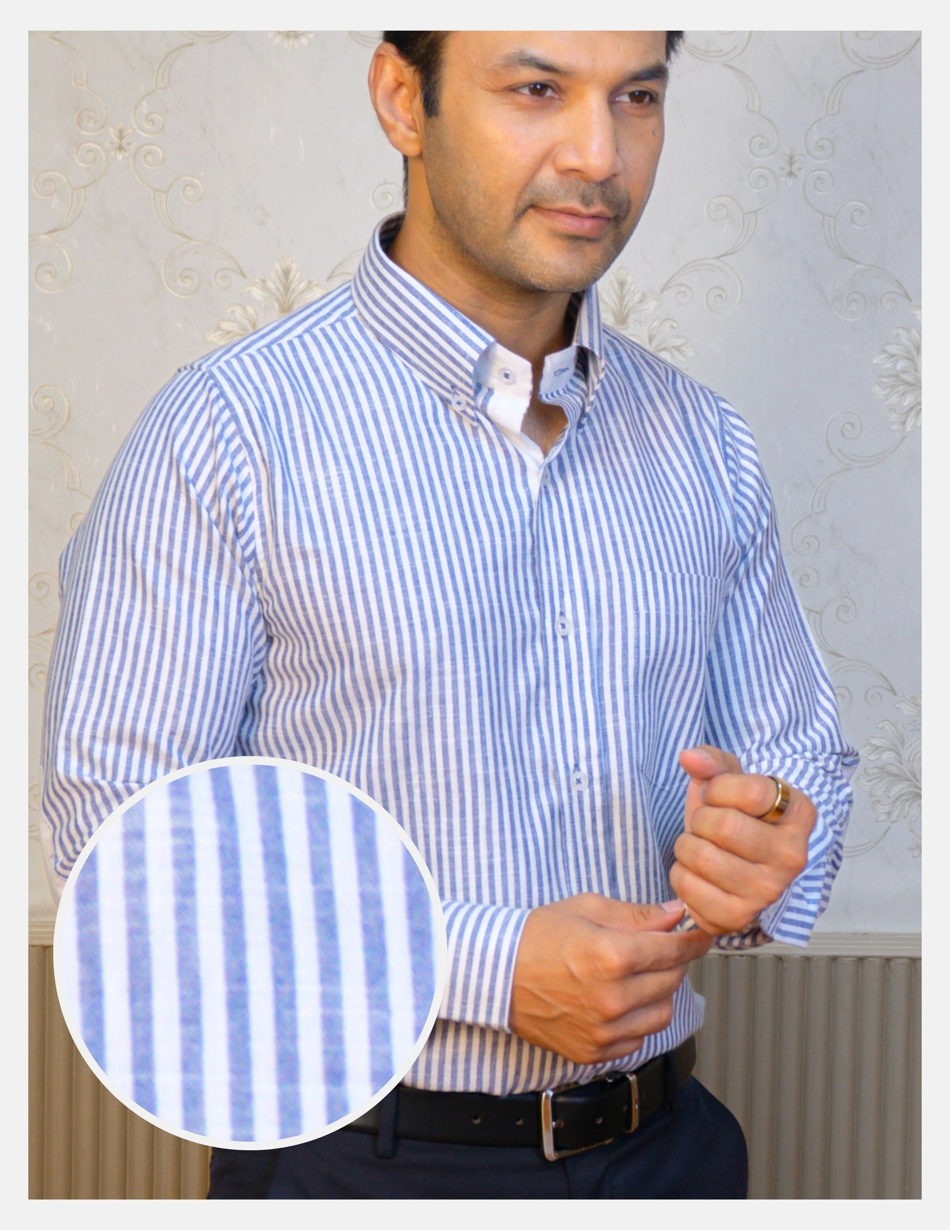 Blue Striped Linen Shirt for Men – White Contrast Button-Down Collar | Dignity | Fabric Texture Front View