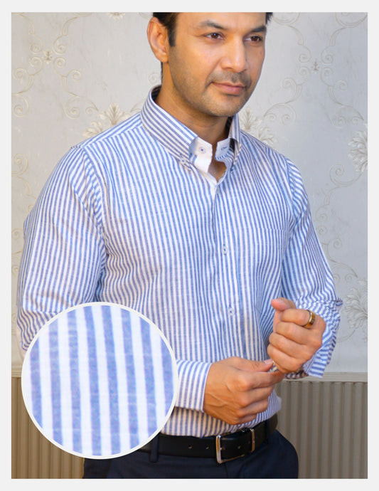 Blue Striped Linen Shirt for Men – White Contrast Button-Down Collar | Dignity | Fabric Texture Front View