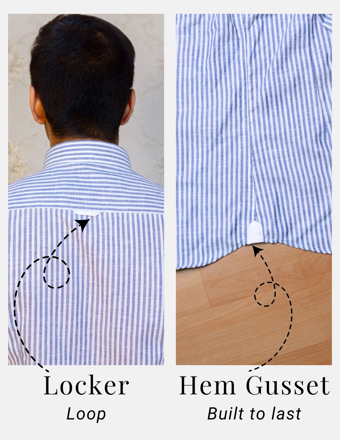Blue Striped Linen Shirt for Men – White Contrast Button-Down Collar | Dignity | Locker Loop and Hem Gusset Detail View