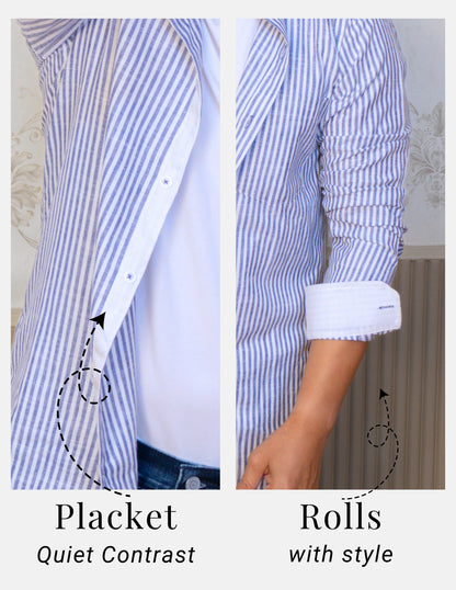 Blue Striped Linen Shirt for Men – White Contrast Button-Down Collar | Dignity | Placket and Turn-Up Sleeve Detail View