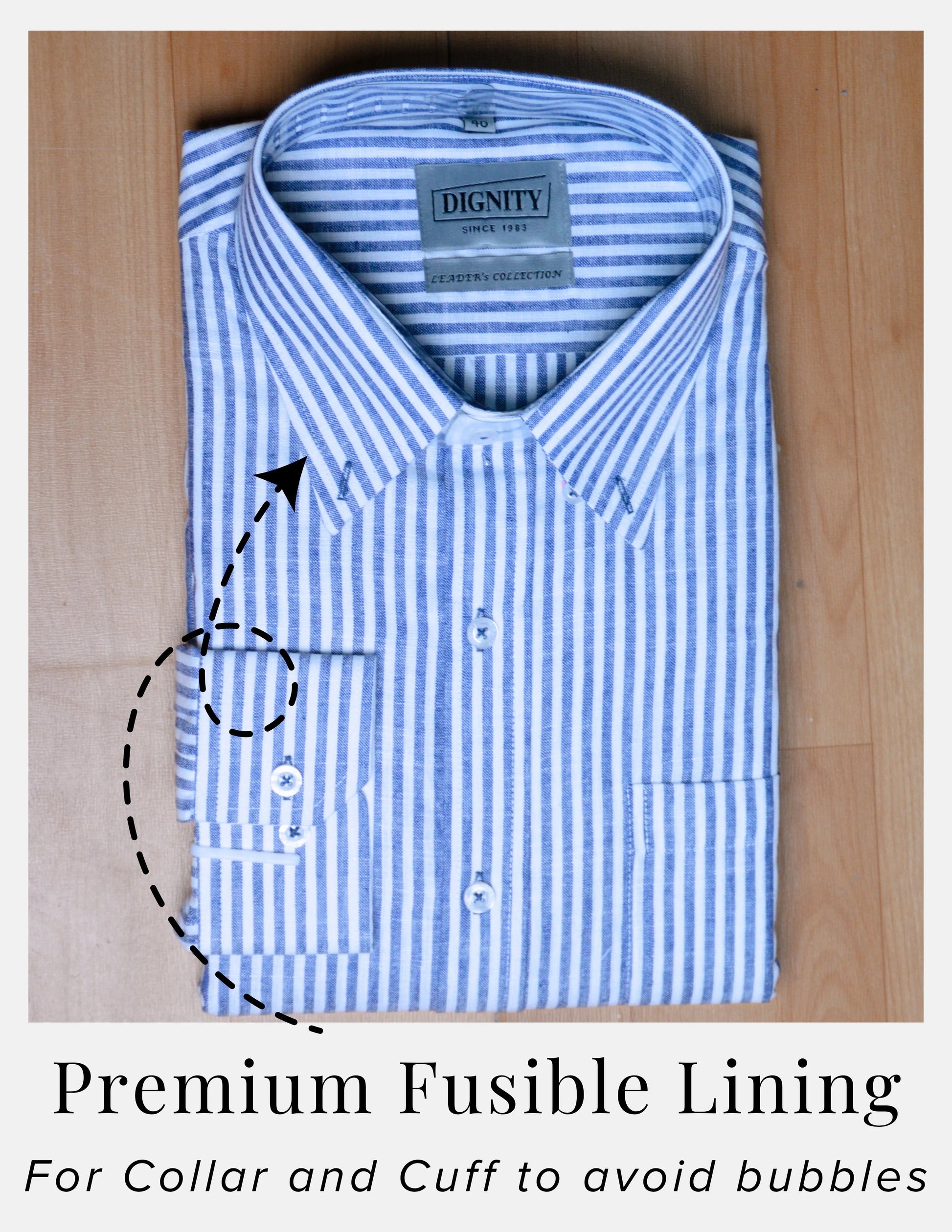 Blue Striped Linen Shirt for Men – White Contrast Button-Down Collar | Dignity | Premium Fusible Lining Collar and Cuff View