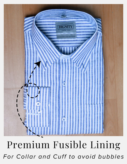 Blue Striped Linen Shirt for Men – White Contrast Button-Down Collar | Dignity | Premium Fusible Lining Collar and Cuff View