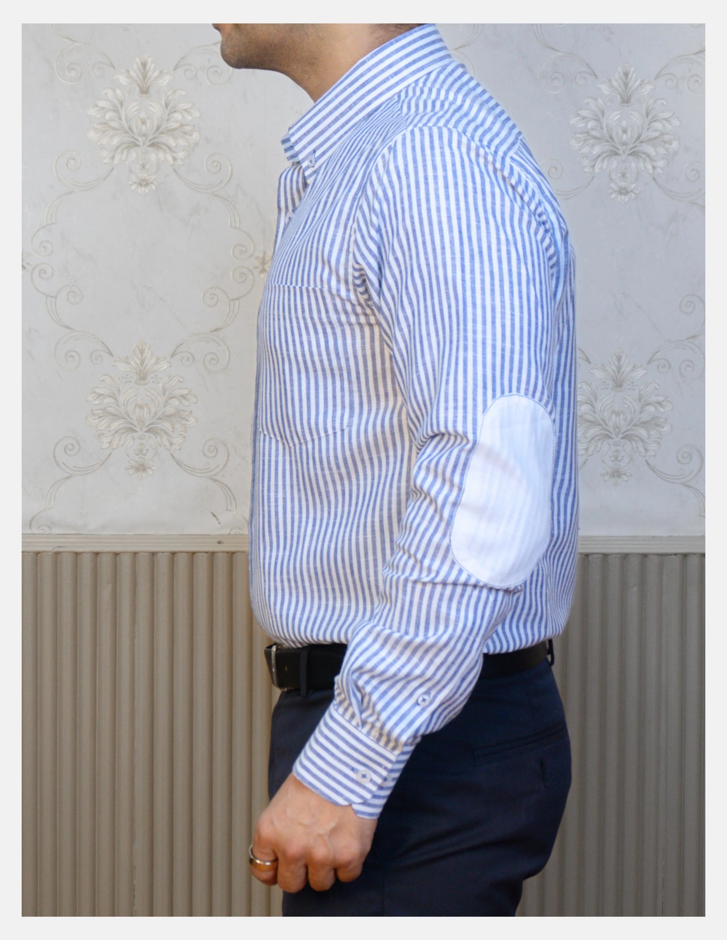 Blue Striped Linen Shirt for Men – White Contrast Button-Down Collar | Dignity | Side View with Elbow Patch