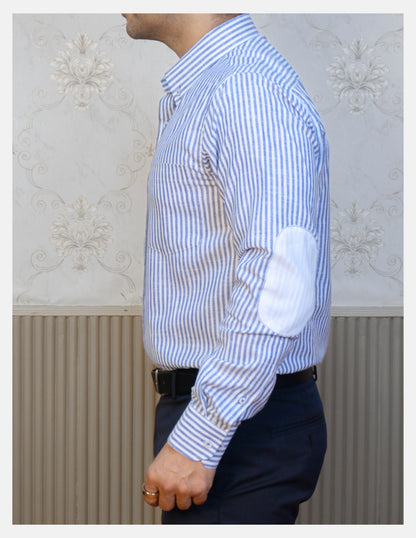 Blue Striped Linen Shirt for Men – White Contrast Button-Down Collar | Dignity | Side View with Elbow Patch