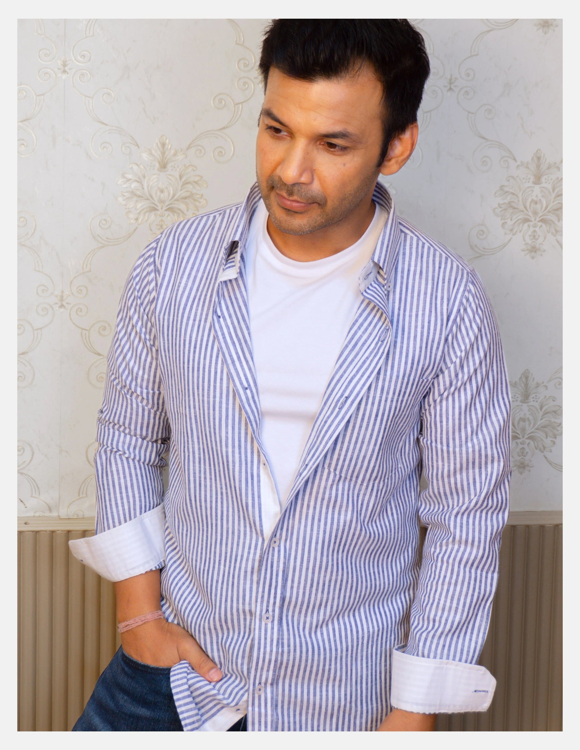 Blue Striped Linen Shirt for Men – White Contrast Button-Down Collar | Dignity | Smart Casual Front View