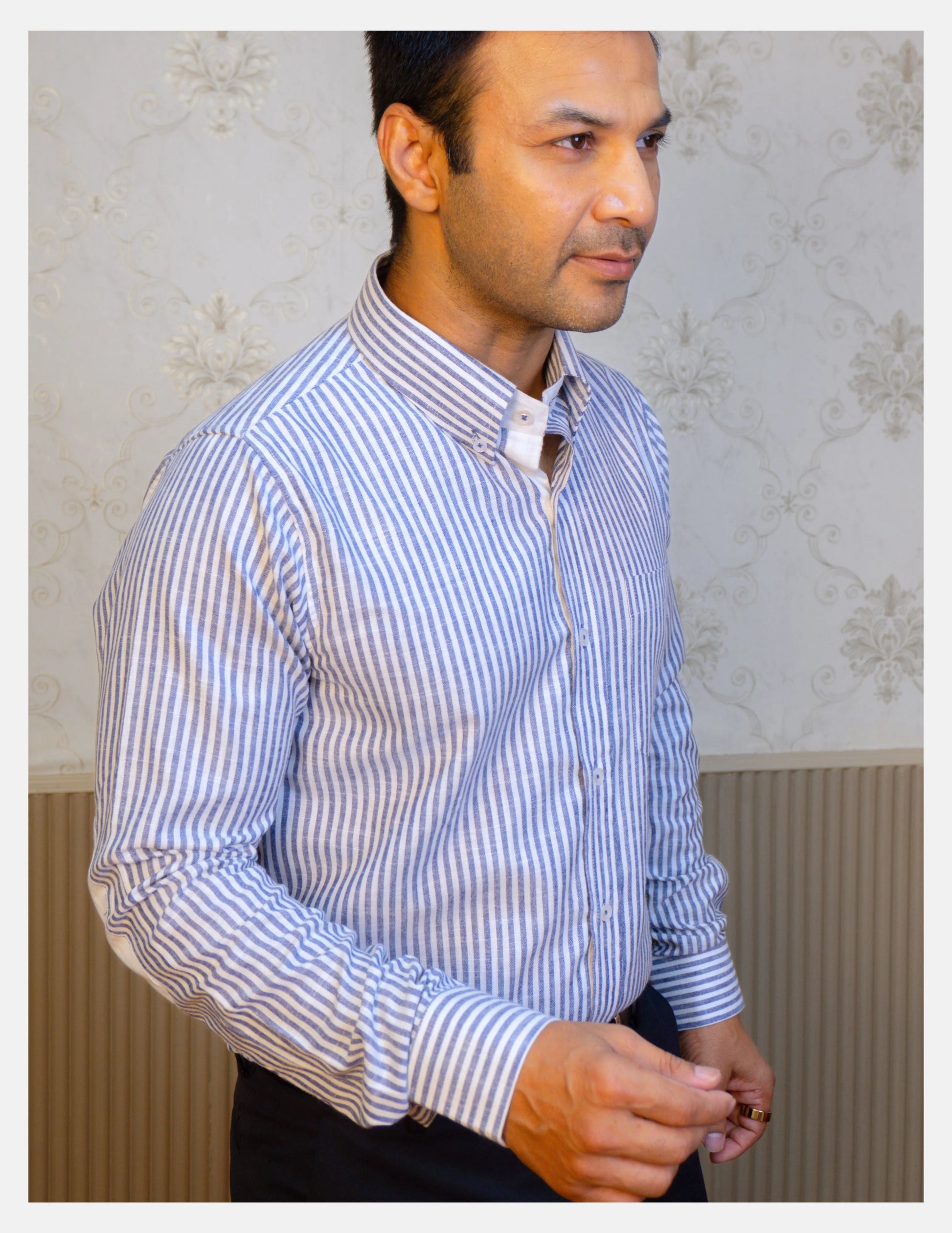 Blue Striped Linen Shirt for Men – White Contrast Button-Down Collar | Dignity | Tucked-In Smart Formal View