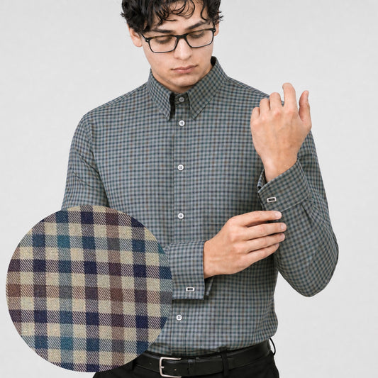 Green & Brown Micro-Check Premium Luxury Giza Cotton - French Cuff