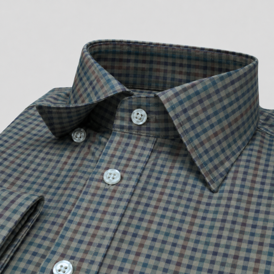 Green & Brown Micro-Check Egyptian Giza Cotton Formal Shirt for Men – Twill Weave & French Cuffs