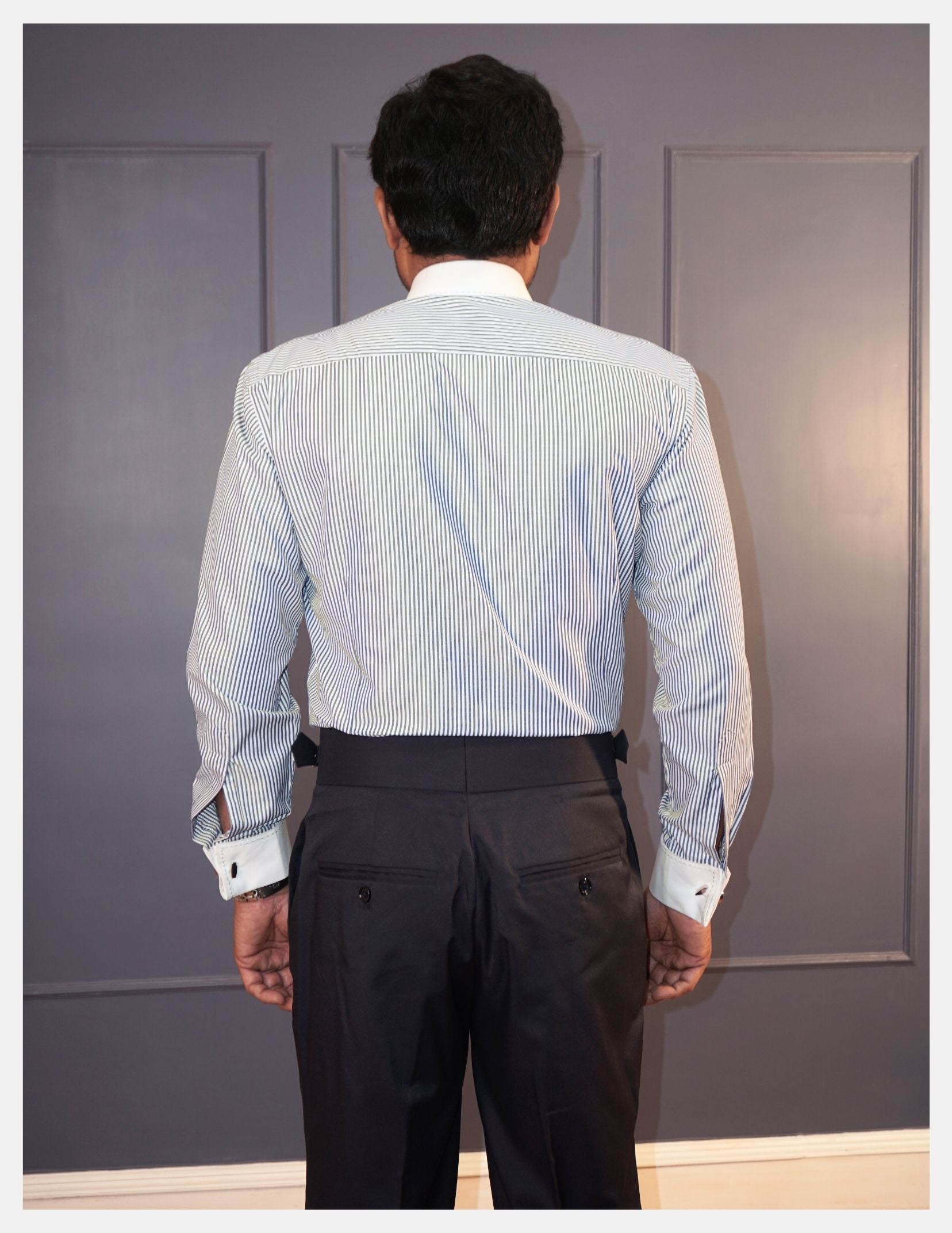 Grey Banker Stripe Formal Shirt With Contrast White Collar and French Cuffs | Dignity | Back View