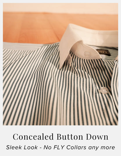 Grey Banker Stripe Formal Shirt With Contrast White Collar and French Cuffs | Dignity | Concealed Button Down Collar View