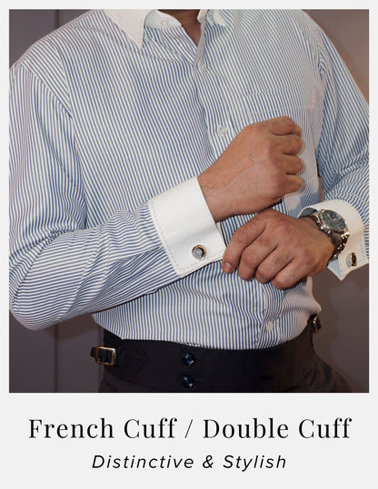 Grey Banker Stripe Formal Shirt With Contrast White Collar and French Cuffs | Dignity | French Cuffs and Fre Cuff Links View
