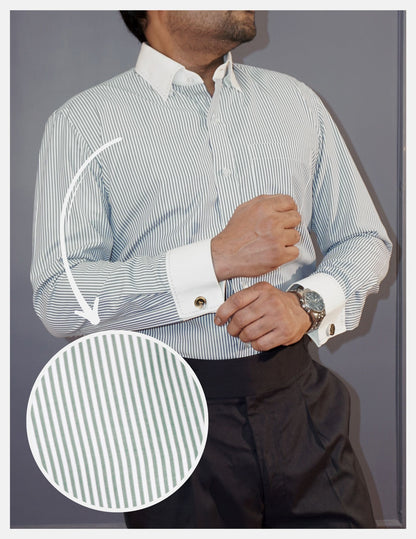 Grey Banker Stripe Formal Shirt With Contrast White Collar and French Cuffs | Dignity | Front View