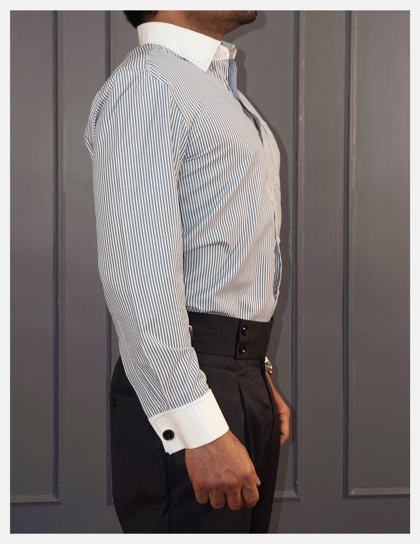 Grey Banker Stripe Formal Shirt With Contrast White Collar and French Cuffs | Dignity | Side View